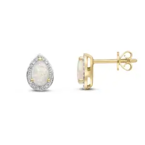 Pre-Owned Pear Shaped Opal and Grain Set Diamond Cluster Stud Earrings made in 18ct Yellow Gold