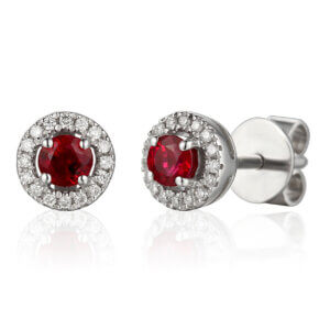 18ct White Gold Round Brilliant Cut Ruby and Diamond Claw Set Halo Earrings
