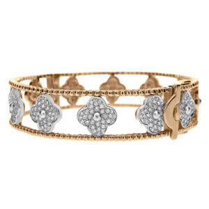 18ct Rose and White Gold Pave set Diamond Clover style Hinged Bangle