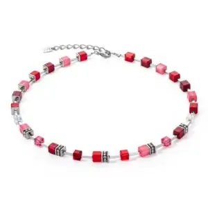 Coeur De Lion GeoCube Red, Warm Pink & Silver Necklace 2700/10-0300