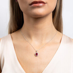 Diamonfire Red Oval Cubic Zirconia Pendant Necklace with Halo
