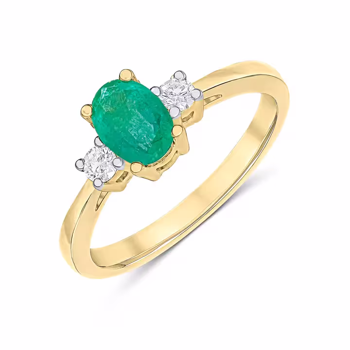 Pre-Owned 9ct Yellow Gold Oval Emerald & Diamond Three Stone Ring