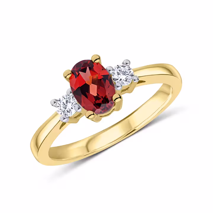 Pre-Owned 9ct Yellow Gold Garnet & Diamond Three Stone Ring