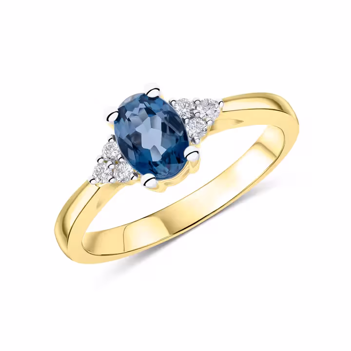Pre-Owned 9ct Yellow Gold London Blue Topaz & Diamond Trefoil Ring