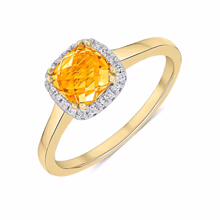 Pre-Owned 9ct Yellow Gold Checkerboard Cut Citrine & Diamond Ring
