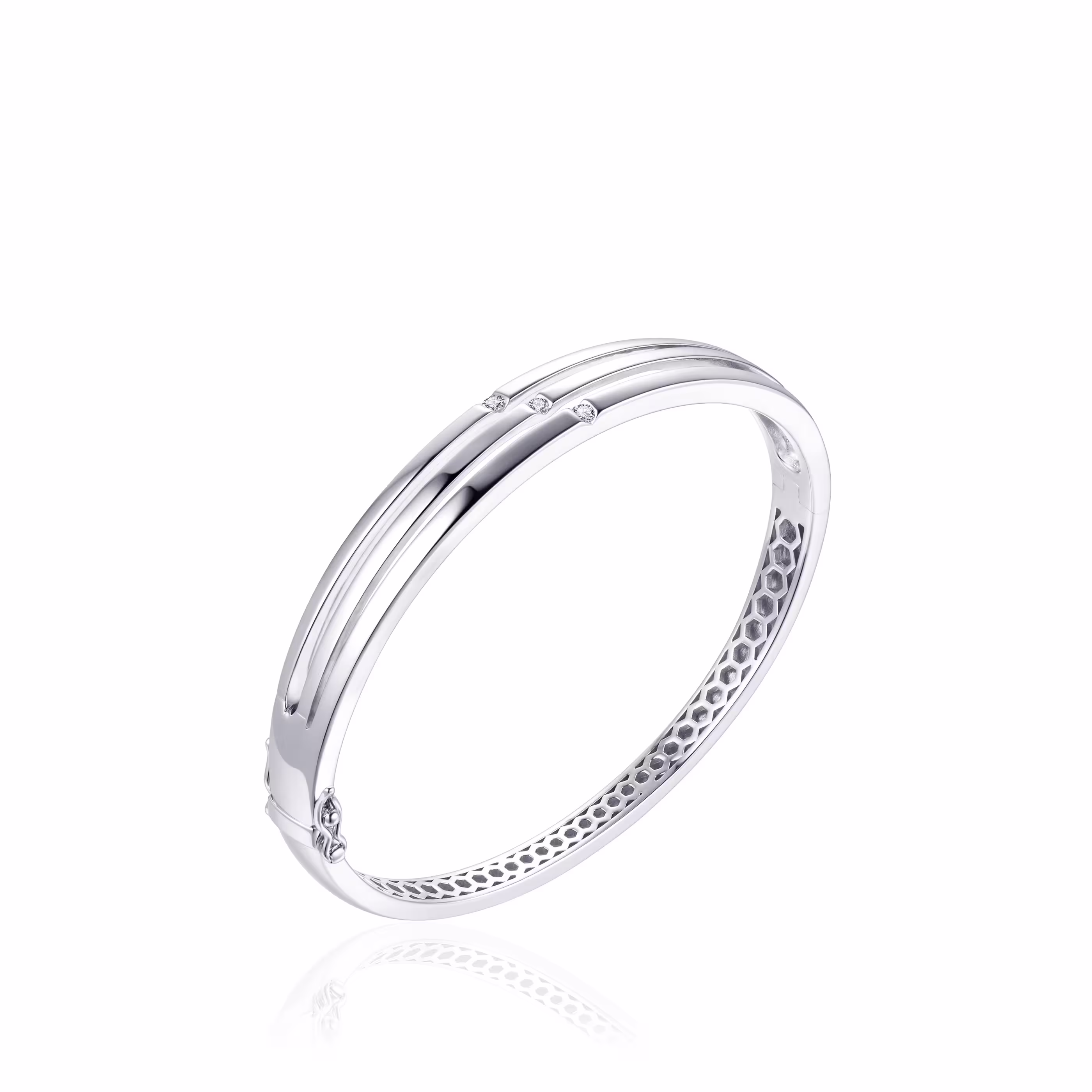 Gisser Rhodium Plated 925 Sterling Silver Bangle, 60mm, Cubic Zirconia, White