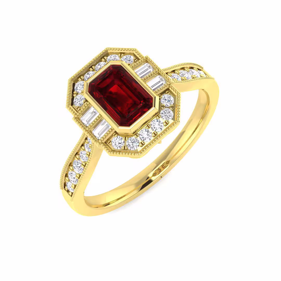 Pre-Owned Ruby and Diamond Art Deco style ring in 9ct Yellow Gold