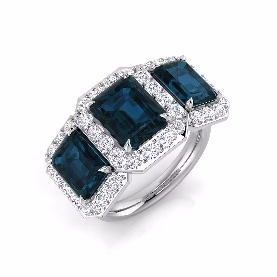 Pre-Owned 9ct White Gold London Blue Topaz & Diamond Three Stone Ring