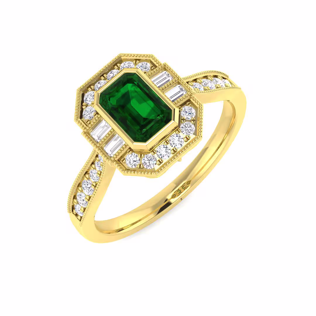 Pre-Owned 9ct Yellow Gold Emerald and Diamond Art Deco Style Ring