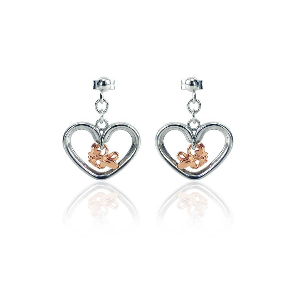Silver & 9ct Rose Gold Open Heart Ivy Leaf Earrings